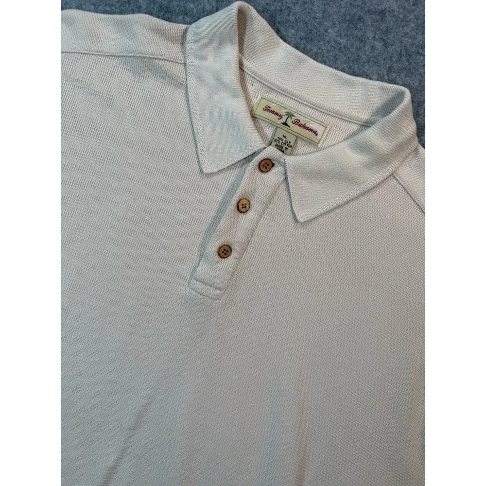 Tommy Bahama Mens XL Silk Cotton Polo Shirt‎ Cream Textured Short Sleeve Luxury